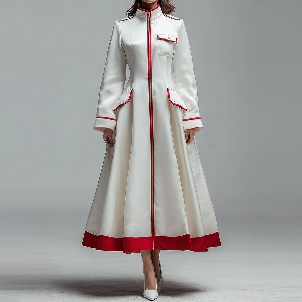 Ursime Contrast Binding Flap Pocket Long Sleeve Coat Midi Dress