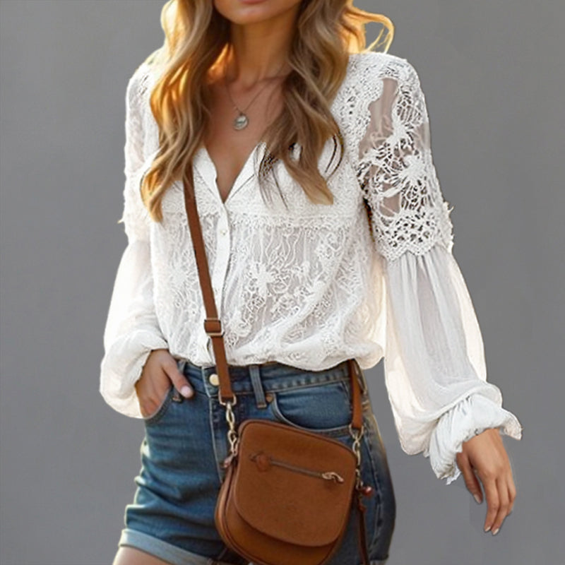 Casual V-neck Lantern Sleeve Lace Stitching Button Blouse