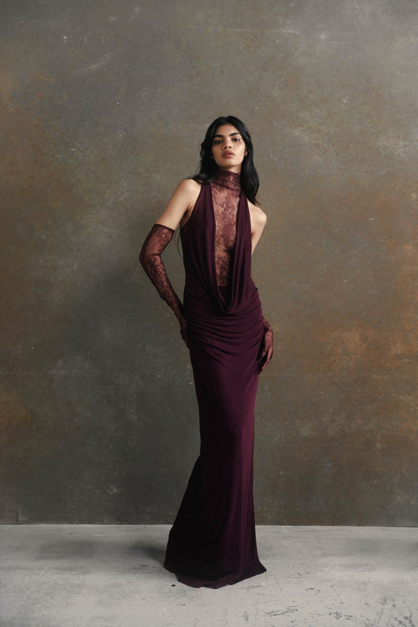 Borbála Magenta Lace Bodice Ruched Maxi Dress