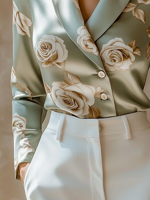 (ship in 24hrs)Elegant Lapel Rose Pattern Side Button Down Satin Shirt