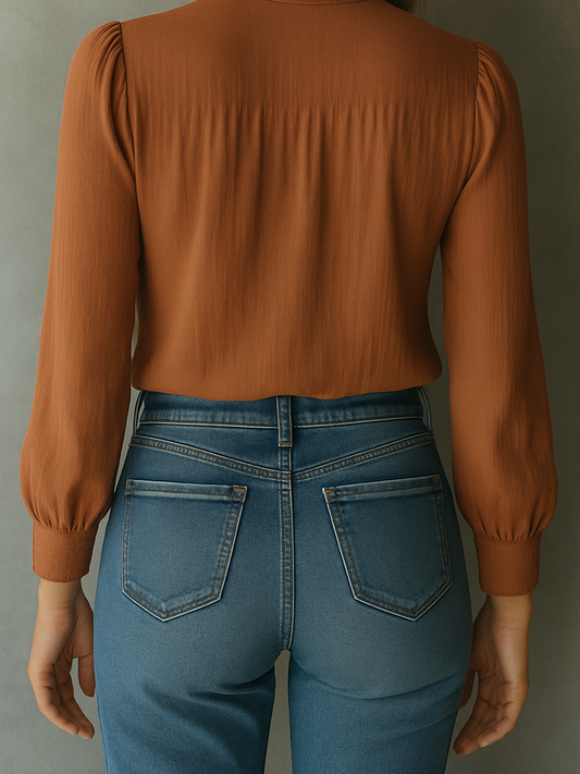 (ship in 24hrs)Elegant Keyhole Lace-Accent Blouse in Warm Cinnamon