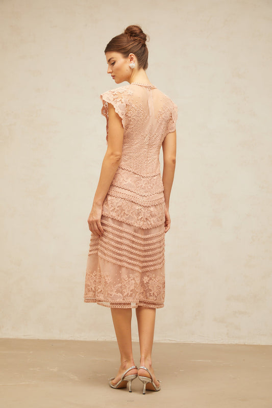 Fleur floral-embroidered lace midi dress in Pink
