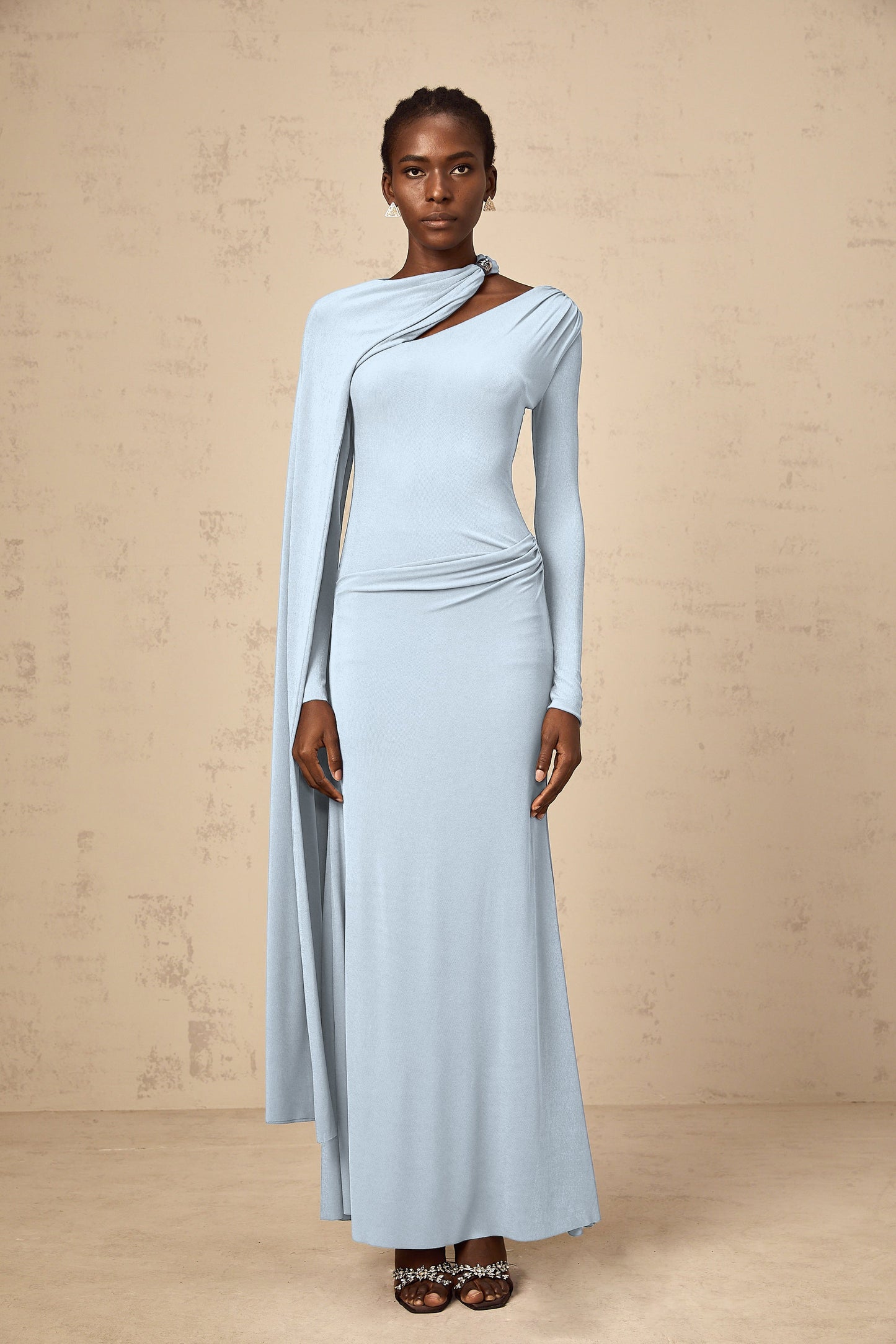 Josette Blue Diagonal Shawl Fitted Maxi Dress