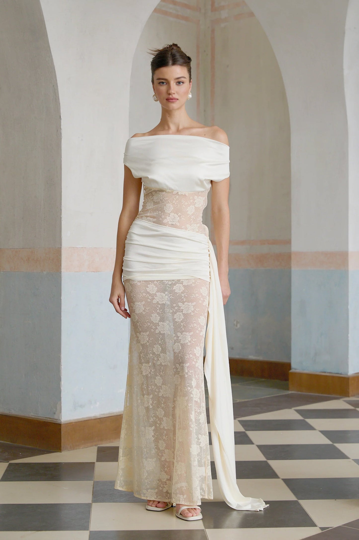Lilou neutrals ribbon panelled floral-lace maxi dress