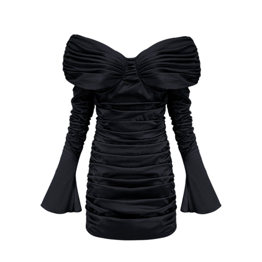 Apolline black off-shoulder ruched mini dress