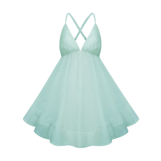 Quincie Green Shirred Flounced Mini Dress