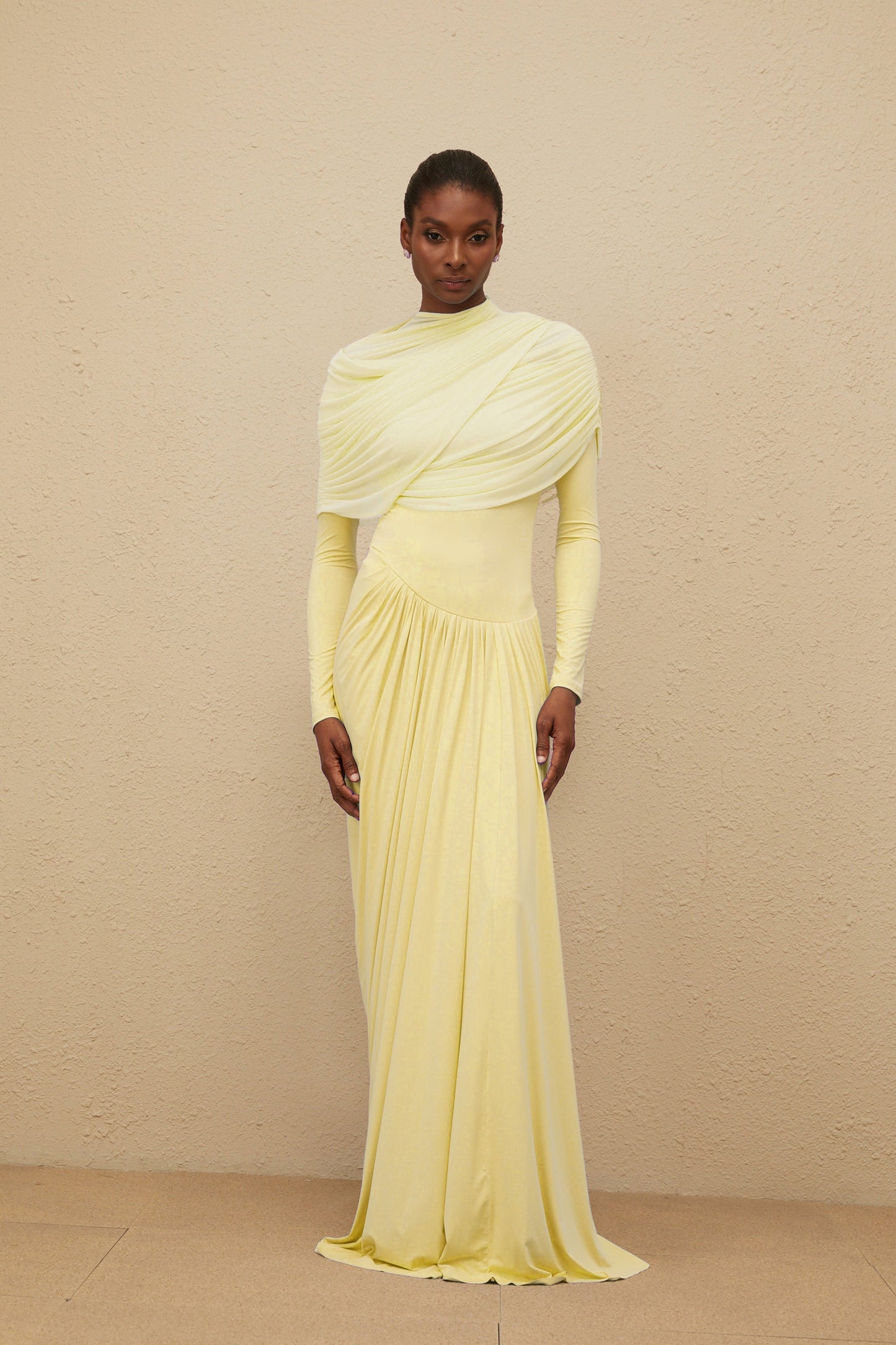 Catherine Yellow Asymmetrical Pleated Long-Sleeve Maxi Dress