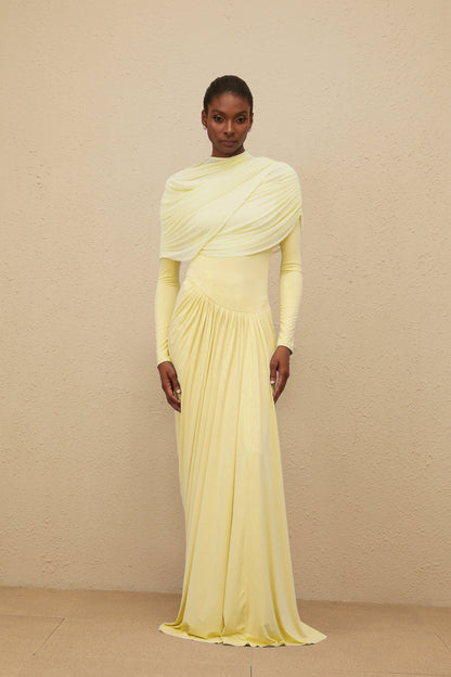 Catherine Yellow Asymmetrical Pleated Long-Sleeve Maxi Dress