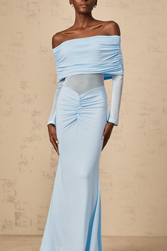 Ninon blue off-shoulder ruched maxi dress