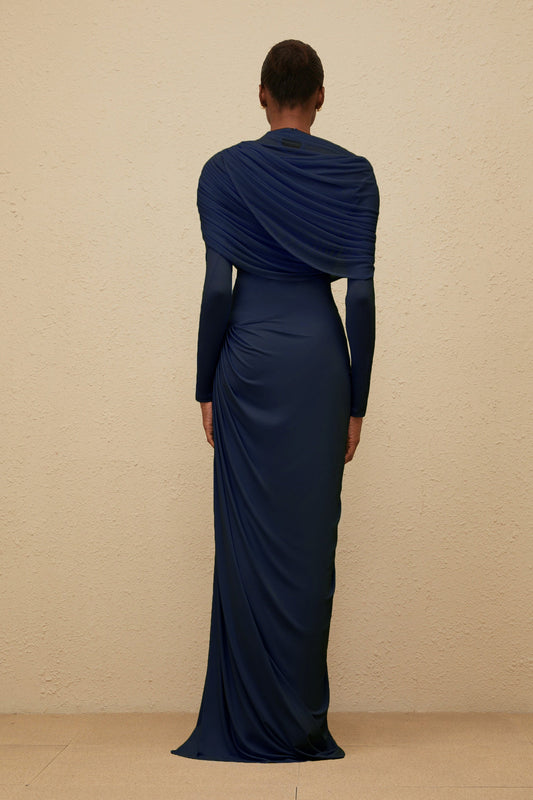 Catherine Navy-Blue Asymmetrical Pleated Long-Sleeve Maxi Dress