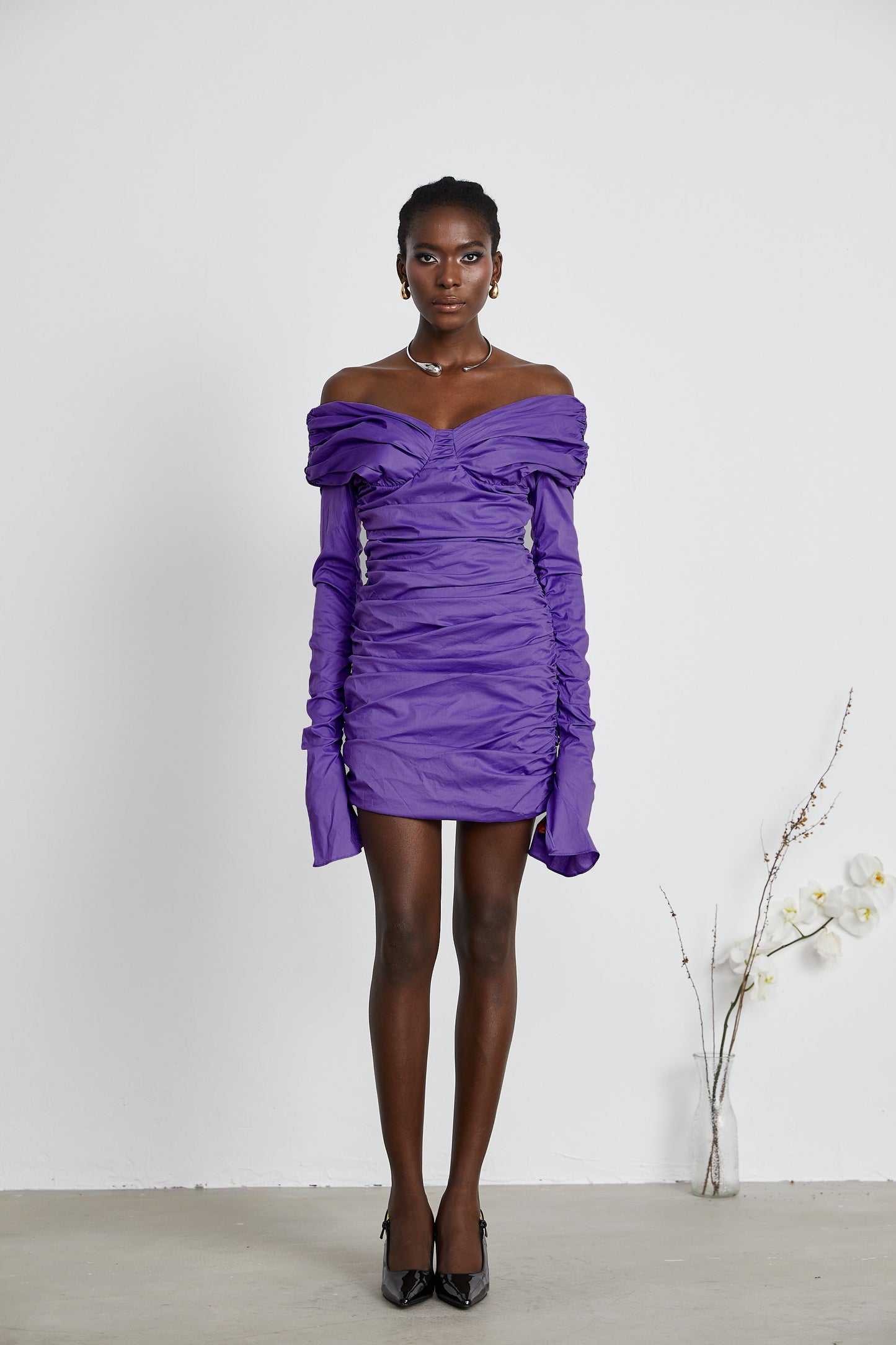 Apolline purple off-shoulder ruched mini dress