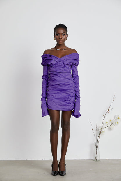 Apolline purple off-shoulder ruched mini dress