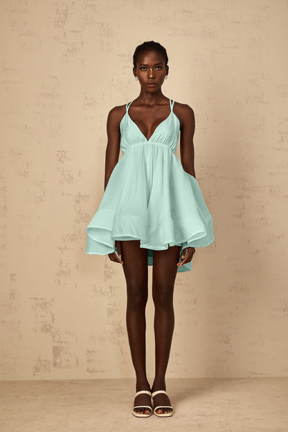 Quincie Green Shirred Flounced Mini Dress