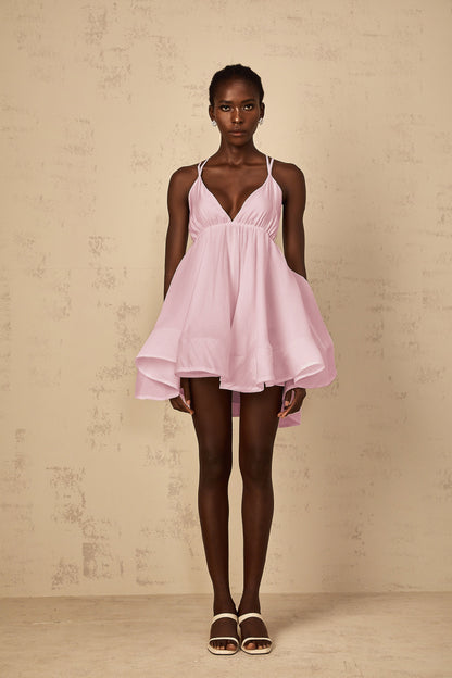 Quincie Pink Shirred Flounced Mini Dress