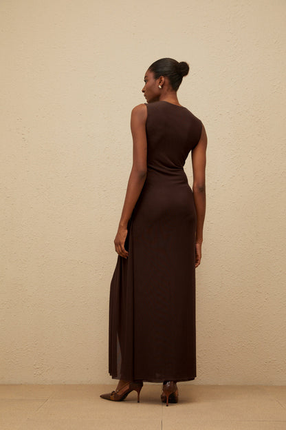 Daphné Brown Asymmetrical Braided Tulle Midi Dress