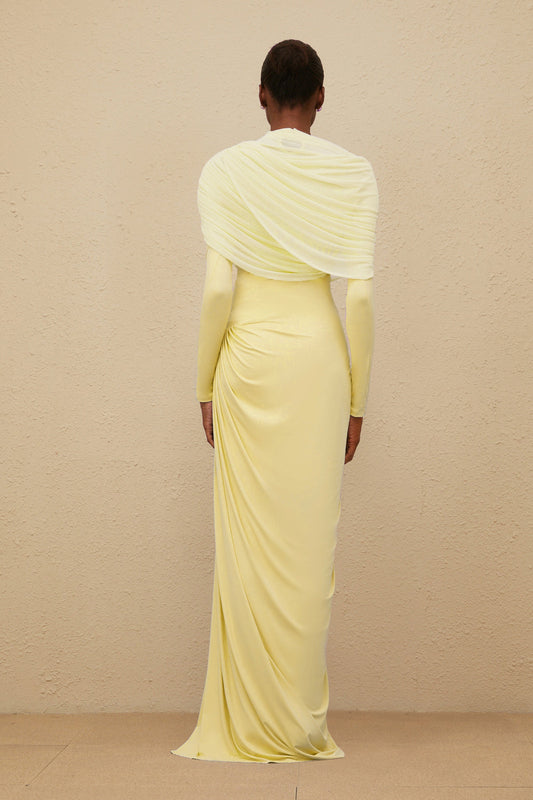 Catherine Yellow Asymmetrical Pleated Long-Sleeve Maxi Dress