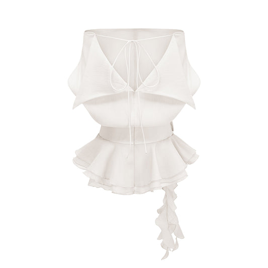 Amélie White Floral Appliqué Flounced Mini Dress