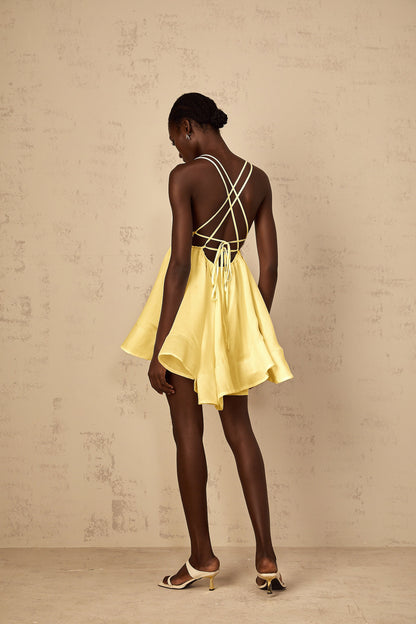 Quincie Yellow Shirred Flounced Mini Dress