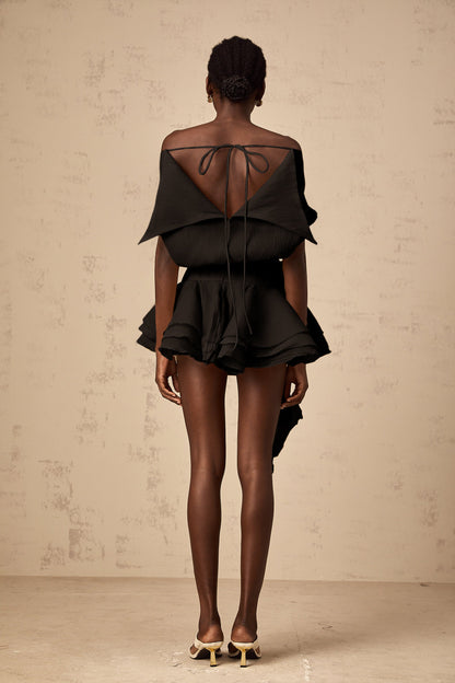 Amélie Black Floral Appliqué Flounced Mini Dress