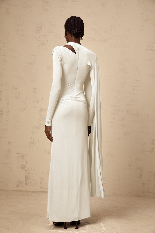 Josette White Diagonal Shawl Fitted Maxi Dress