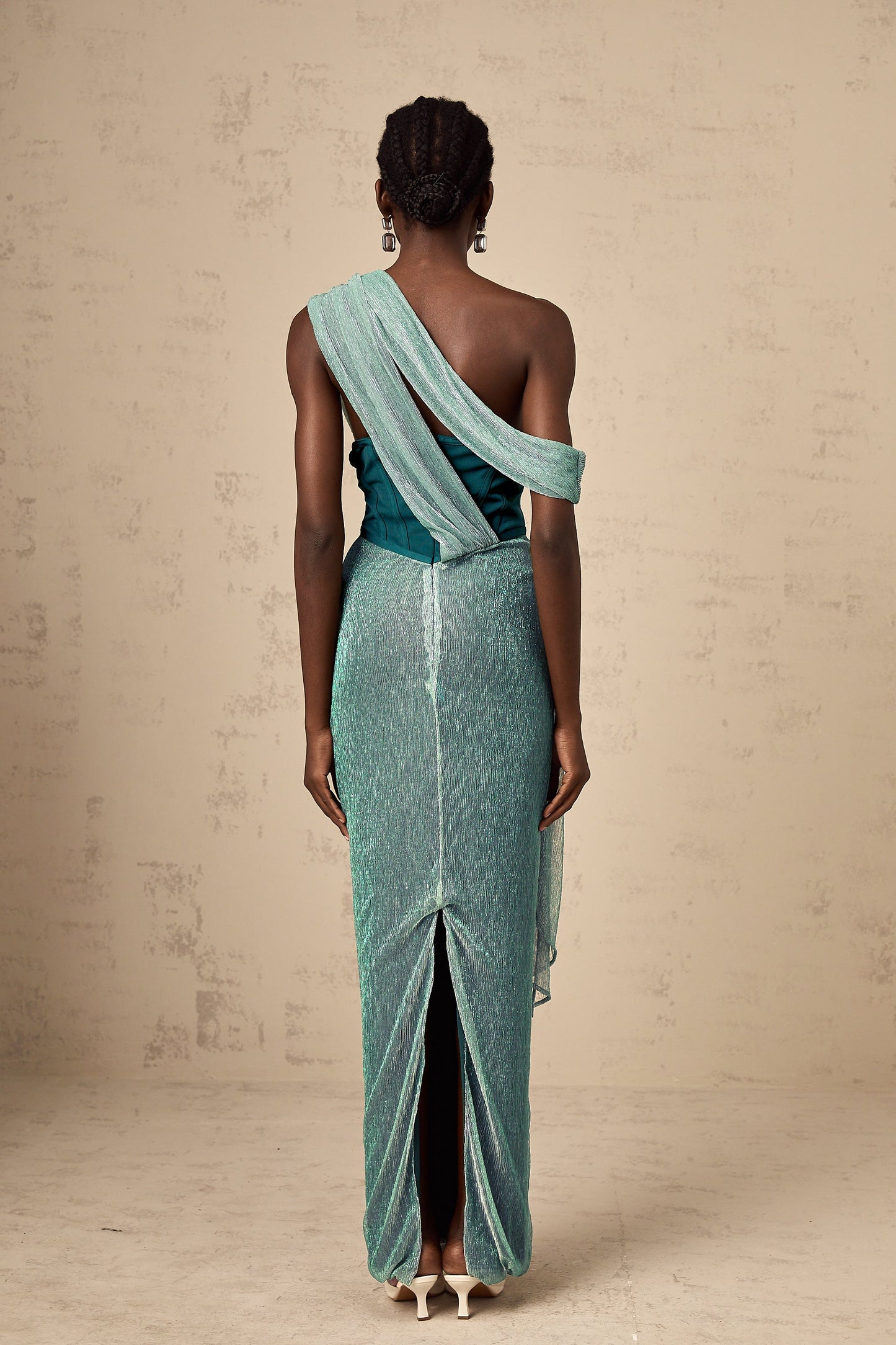 Delphine green ribbon-design corset maxi dress