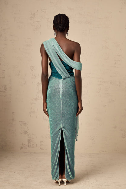 Delphine green ribbon-design corset maxi dress