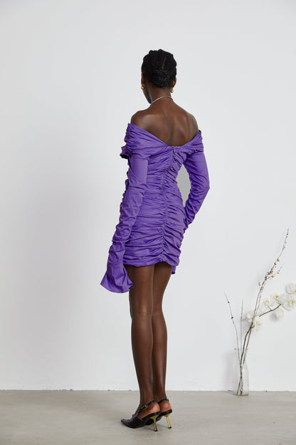 Apolline purple off-shoulder ruched mini dress