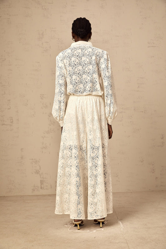 Vanessa white guipure-lace shirt & trousers matching set