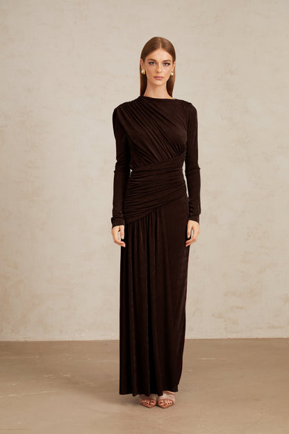 Charme Brown Ruched Maxi Dress