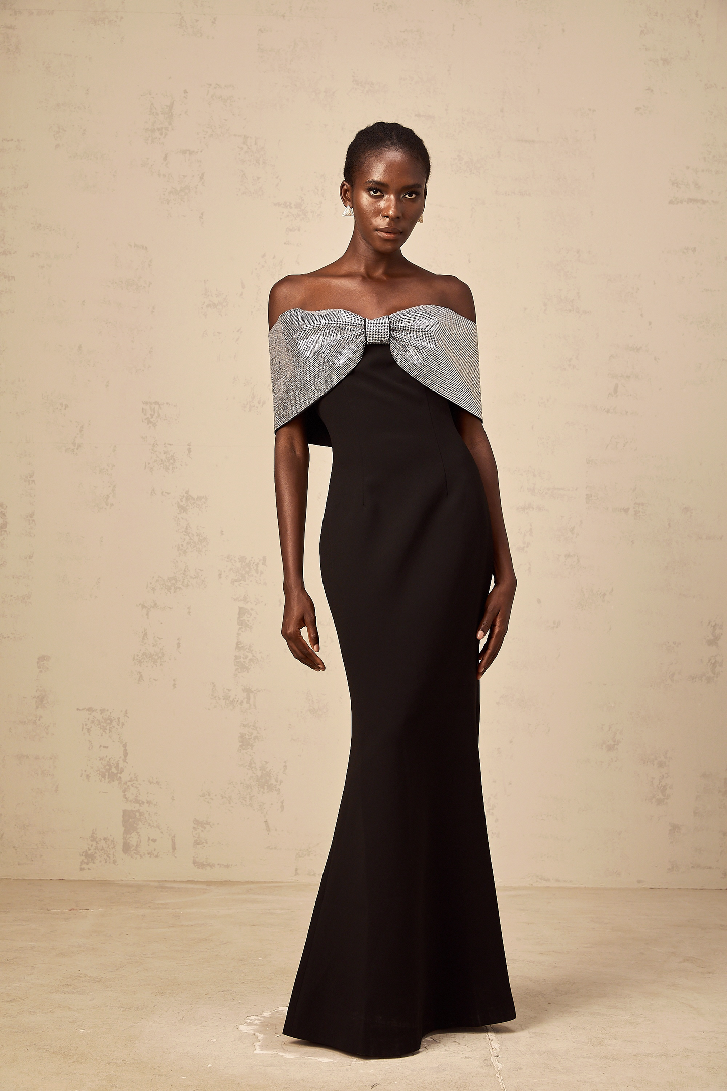 Chloé black rhinestone-bow off-shoulder maxi dress