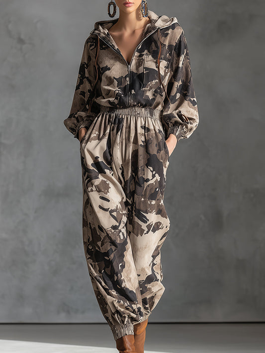 Casual Cool Camouflage Print Hooded Long-sleeved Wide-leg Jumpsuit