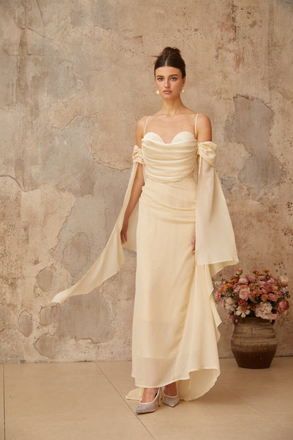 Mélusine Neutral Ruched Chiffon Maxi Dress