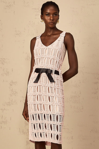 Elodie pink bowknot crochet-knit midi dress