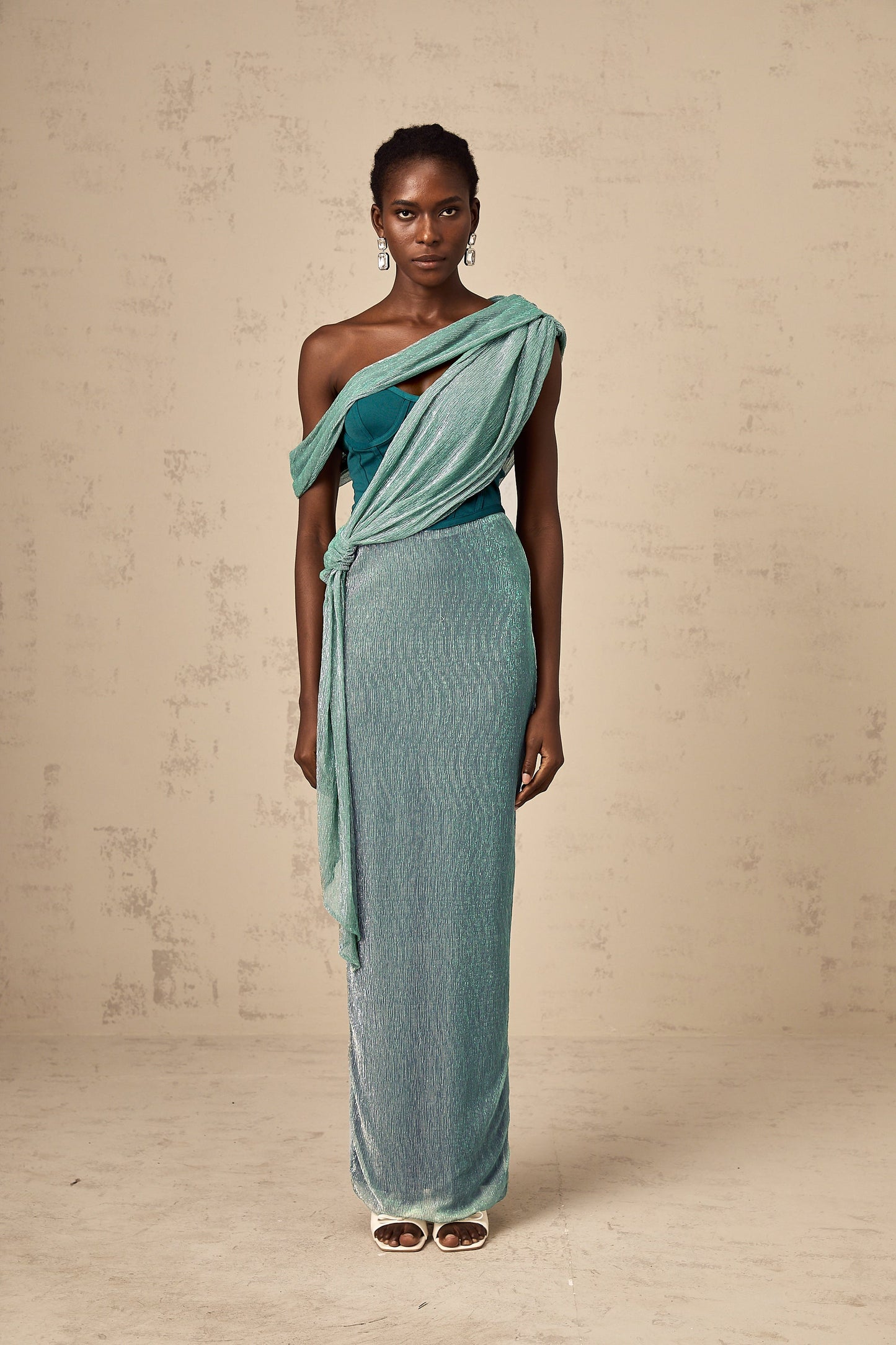 Delphine green ribbon-design corset maxi dress