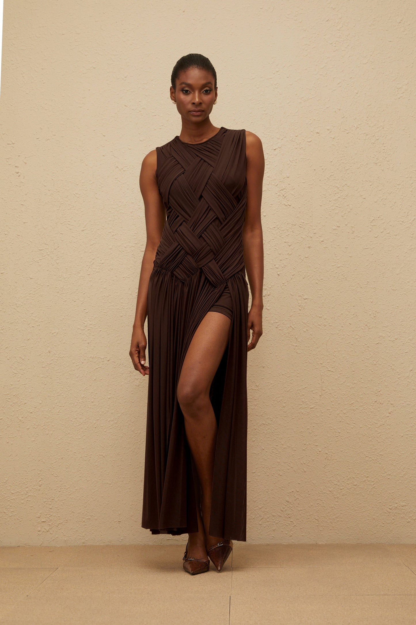 Daphné Brown Asymmetrical Braided Tulle Midi Dress