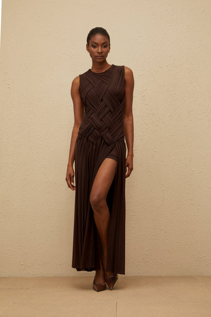 Daphné Brown Asymmetrical Braided Tulle Midi Dress