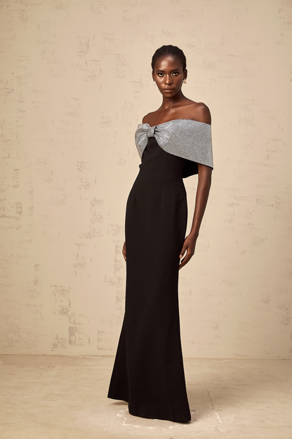 Chloé black rhinestone-bow off-shoulder maxi dress