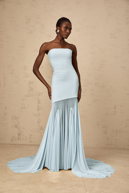Josiane Blue Off-shoulder Sheer Tulle Maxi Dress