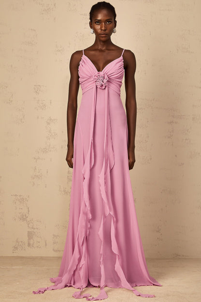 Ysandre Rose-Pink 3D Petal Tulle Maxi Dress