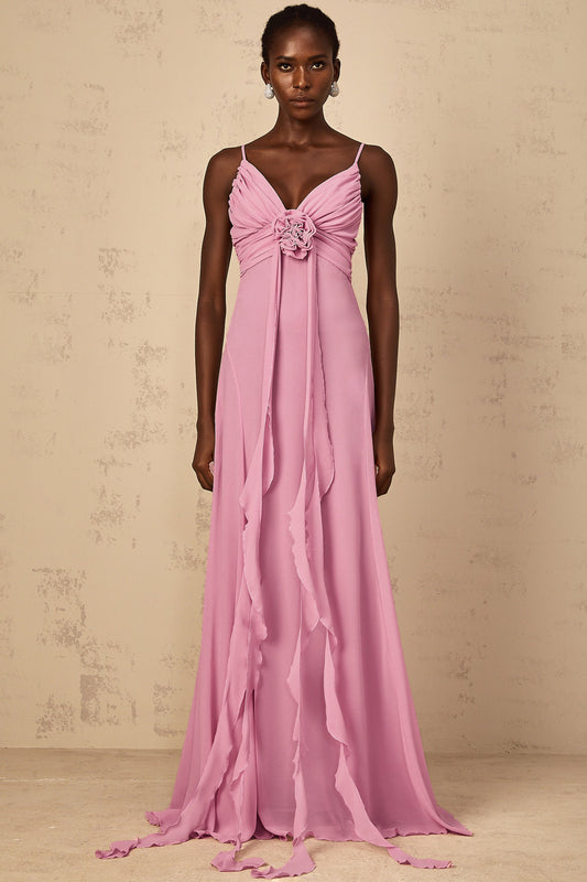 Ysandre Rose-Pink 3D Petal Tulle Maxi Dress