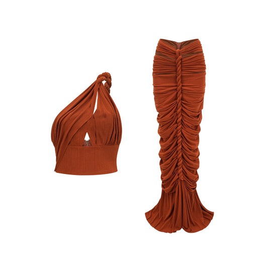 Célestine brown twisted cut-out top & skirt matching set