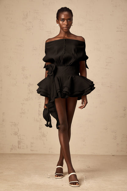 Amélie Black Floral Appliqué Flounced Mini Dress