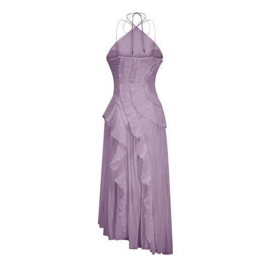 Doux Purple Ruffled Trim Pleated Midi Dress