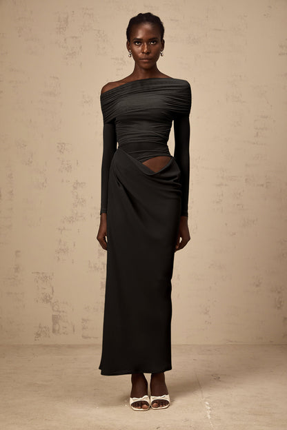 Estelle off-shoulder semi-sheer midi dress in Black