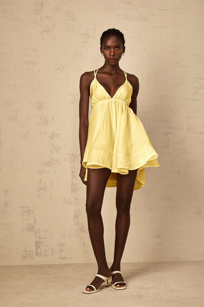 Quincie Yellow Shirred Flounced Mini Dress