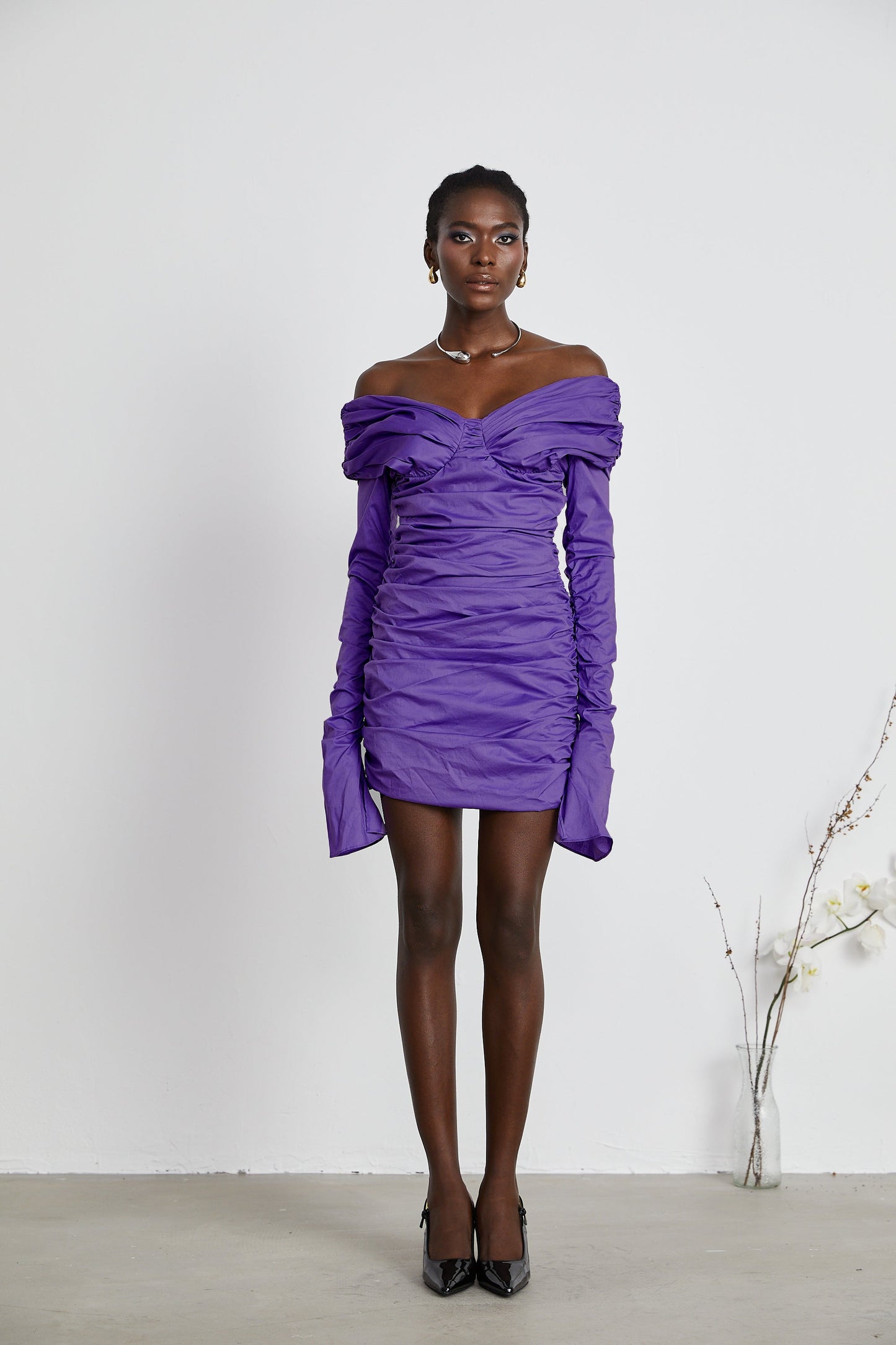 Apolline purple off-shoulder ruched mini dress