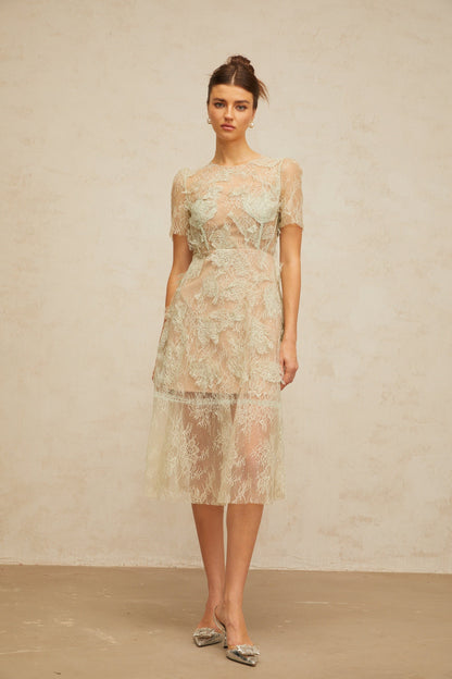 Xaviera mint-green floral-lace midi dress
