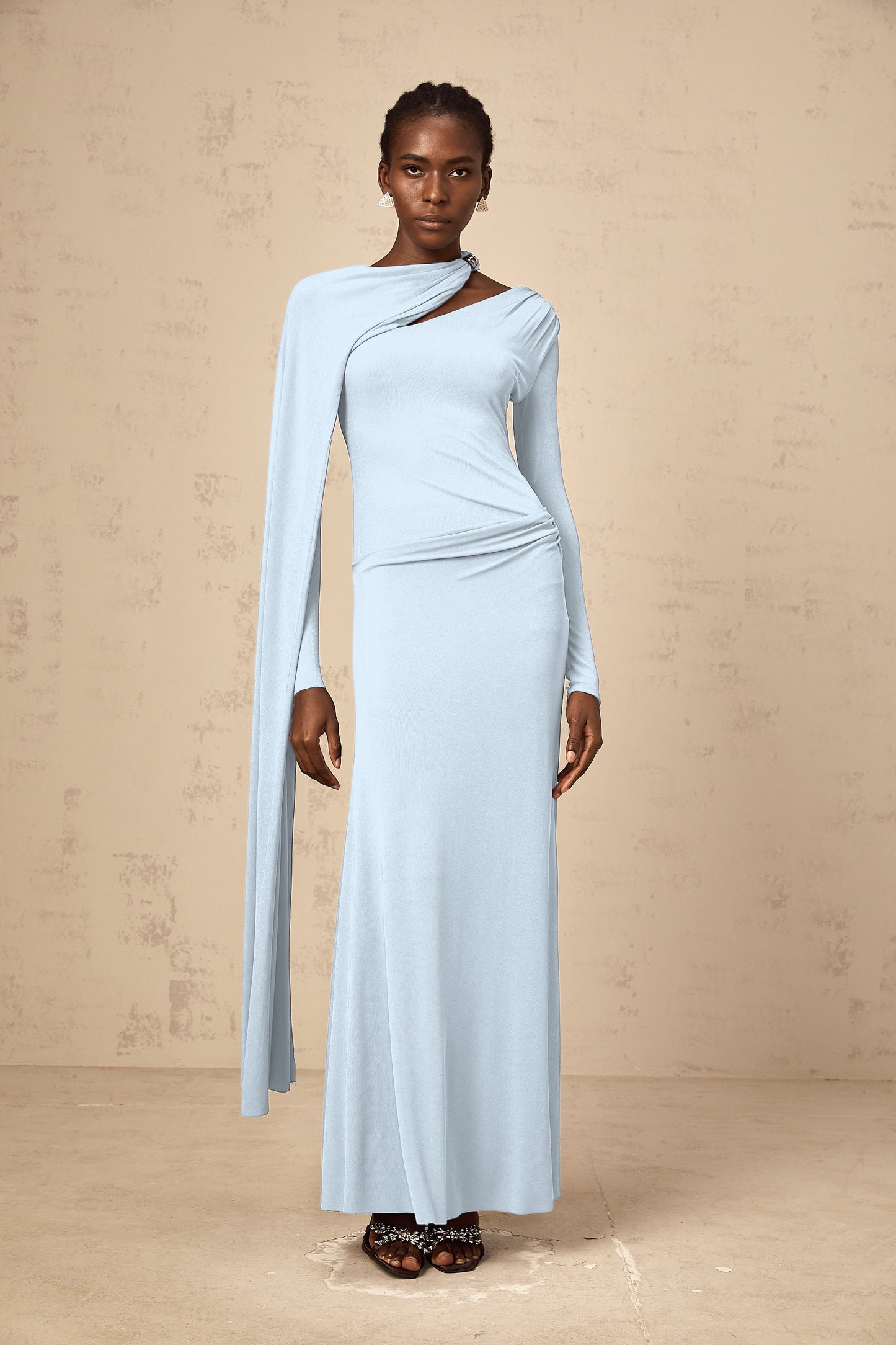 Josette Blue Diagonal Shawl Fitted Maxi Dress