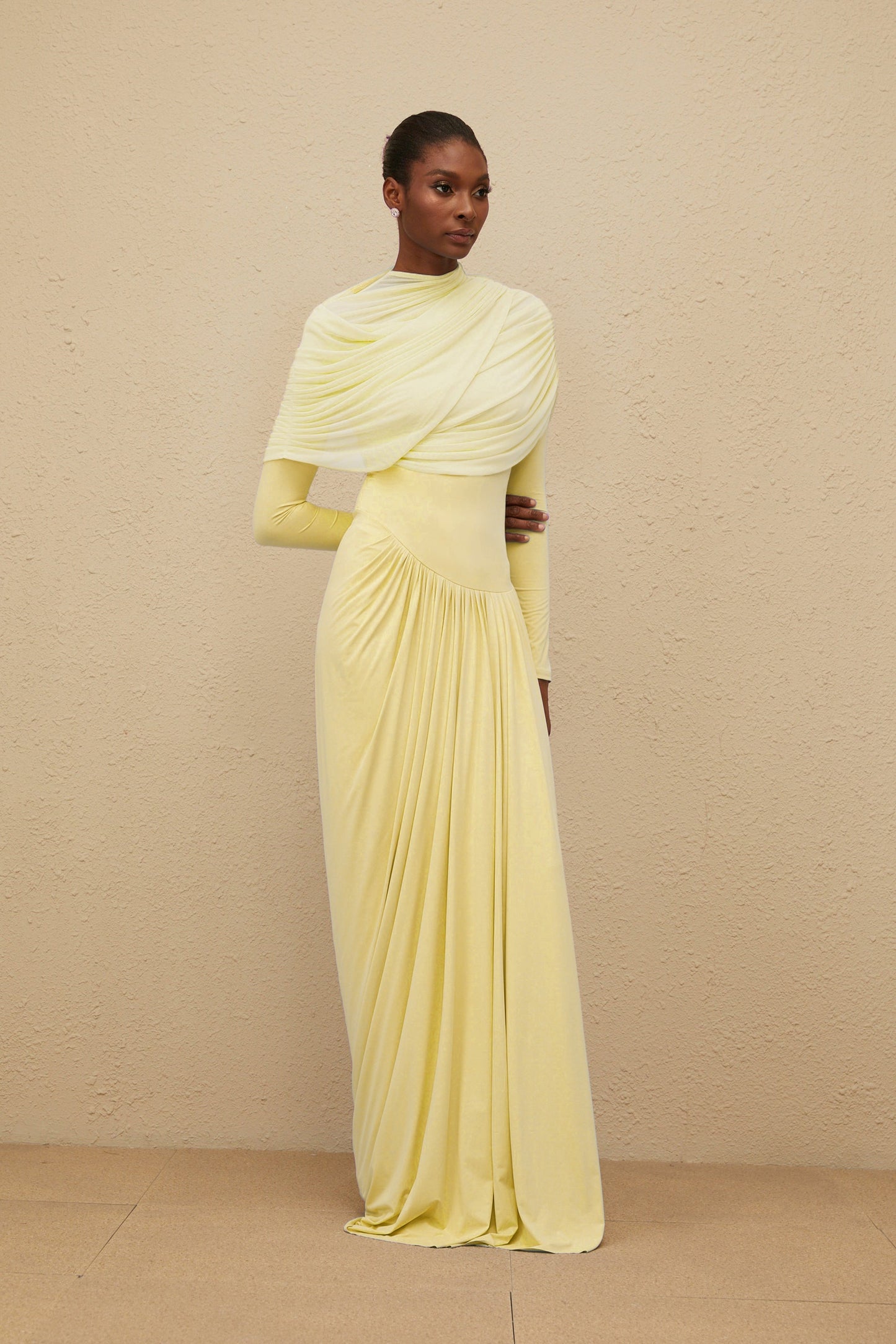 Catherine Yellow Asymmetrical Pleated Long-Sleeve Maxi Dress