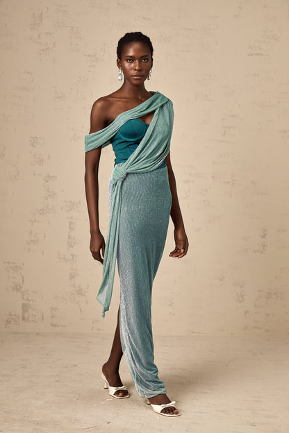 Delphine green ribbon-design corset maxi dress